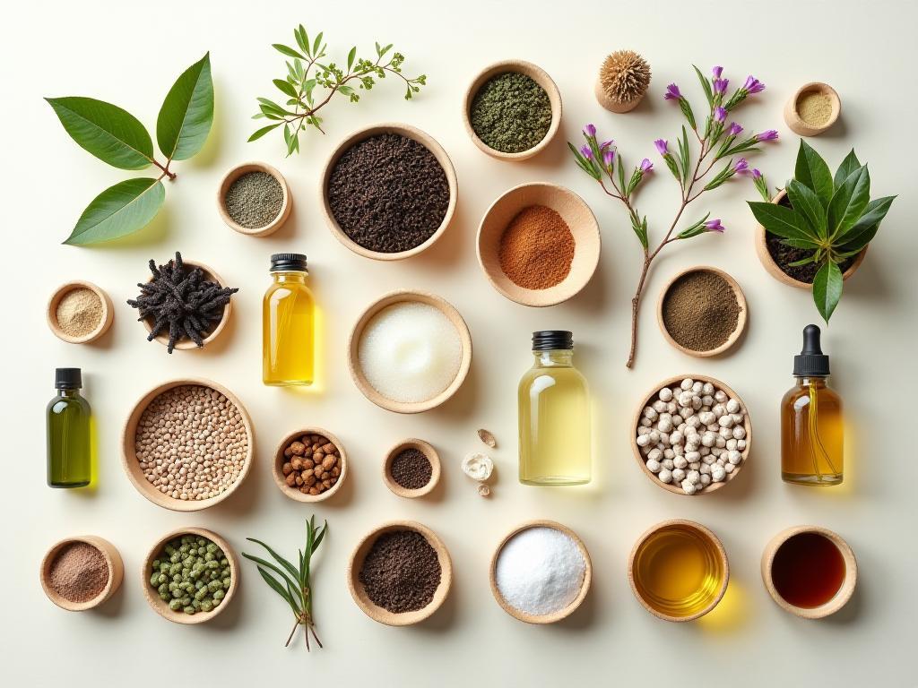 様々な種類の天然化粧品成分が並べられた様子